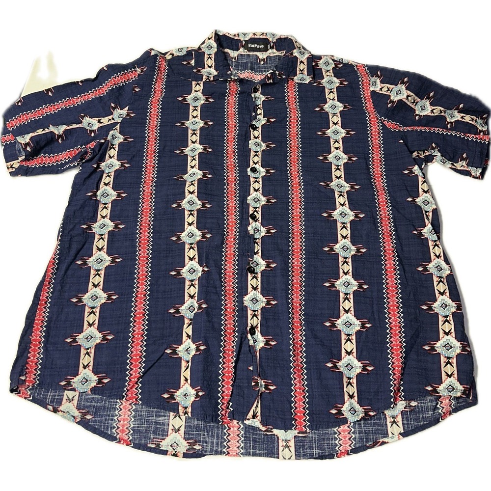 Men's Vatpave Aztec Button Up‎ Shirt Size 3XL Blue Red Collared Short Sleeve